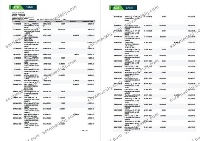 Kenya KCB Bank account statement Word and PDF template, 2 pages